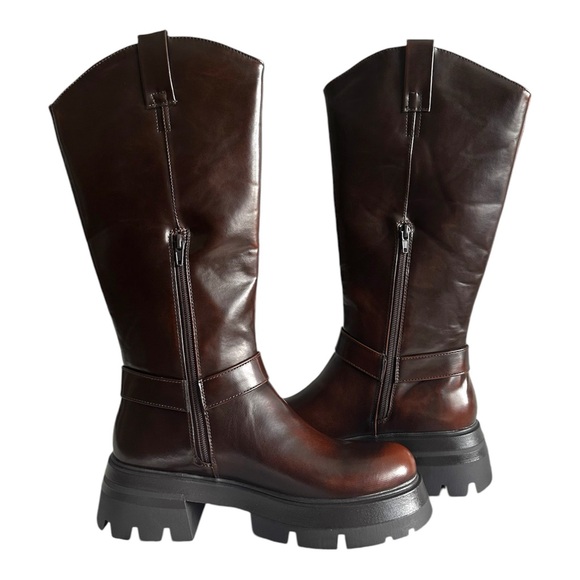 NEW PrettyLittleThing Women’s Brown Cleated Sole Buckle Mid-Calf Boot Size 10 - Picture 3 of 14